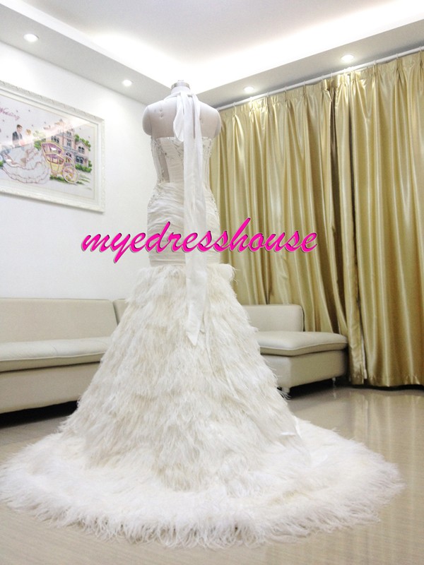 Myedresshouse Hauter Couture Halter Straps Nature Feather Mermaid Wedding Dress